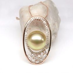Ciondolo Ellisse - Oro Rosa, Diamanti & Perla dei Mari del Sud Dorata