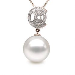Ciondolo oro rosa, diamanti - Perla Australiana bianca - 13/14mm
