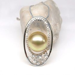 Ciondolo Ellisse - Oro Bianco, Diamanti & Perla dei Mari del Sud Dorata