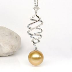 Ciondolo Aladin - Oro Bianco, Diamanti & Perla dei Mari del Sud Dorata