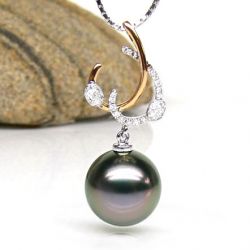 Ciondolo Corfou - Perla di Tahiti Nera, Diamanti, 2 Ori oro rosa e bianco