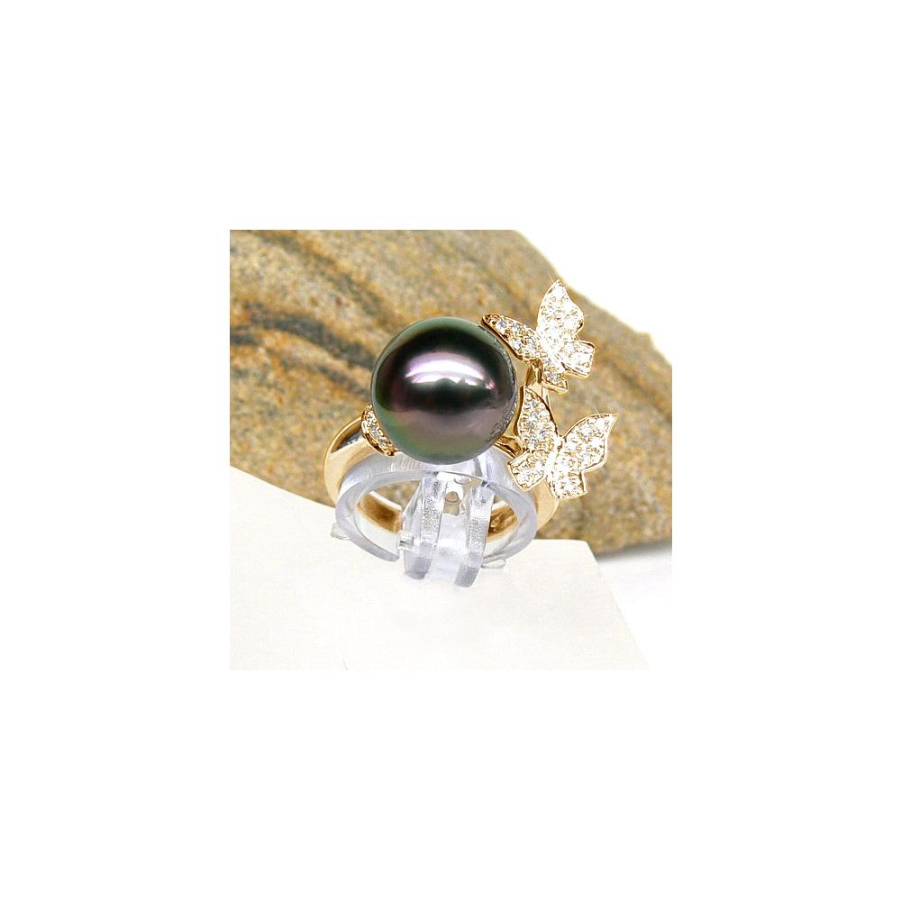 Anello Farfalla Pirae - Oro Giallo, Diamanti e Perla di Tahiti - 2