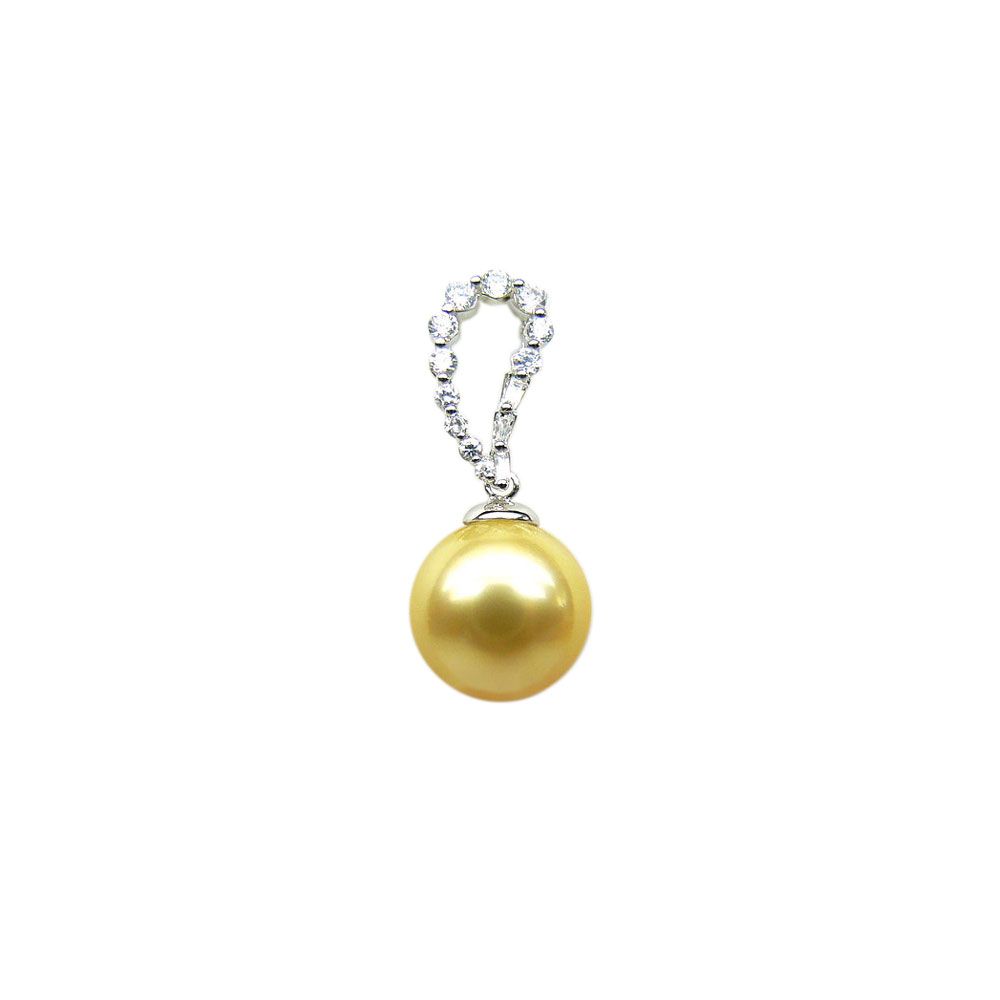 Ciondolo Goccia Dorata - Oro Bianco, Diamanti & Perla dei Mari del Sud Dorata - 1