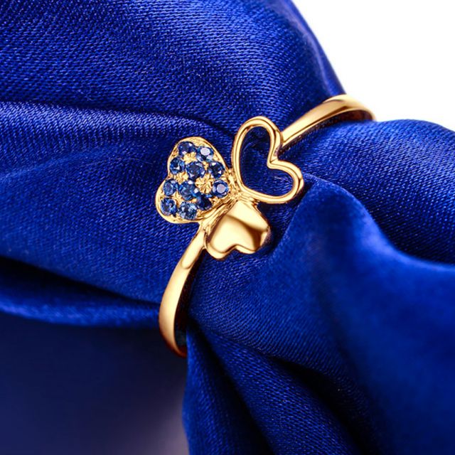 Anello da Donna Cuore di Trifoglio - Oro Giallo & Zaffiri Blu