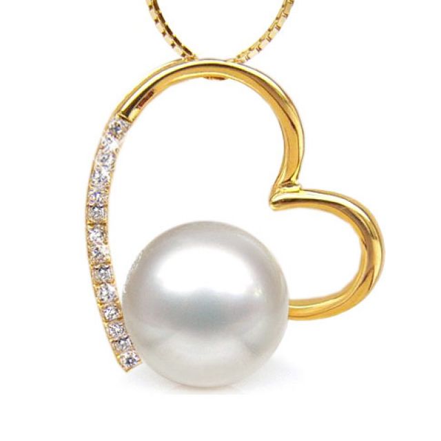 Ciondolo cuore oro giallo, diamanti - Perla d’Australia bianca - 9/10mm
