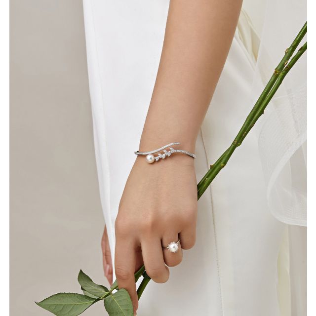 Bracelet Jonc Symphonie Nuptiale - Perle Akoya, Or Blanc, Diamants