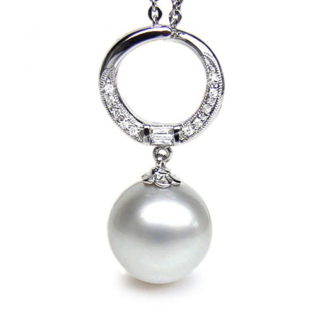 Ciondolo anello oro bianco, diamanti - Perla d’Australia bianca - 13/14mm