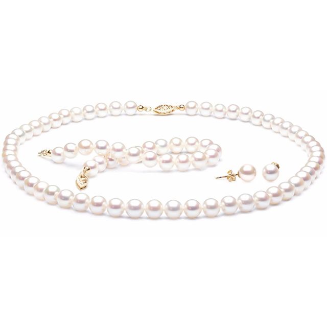 Parure Perle Bianche Sensuelle - Collana, Orecchini e Braccialetto - Oro Giallo