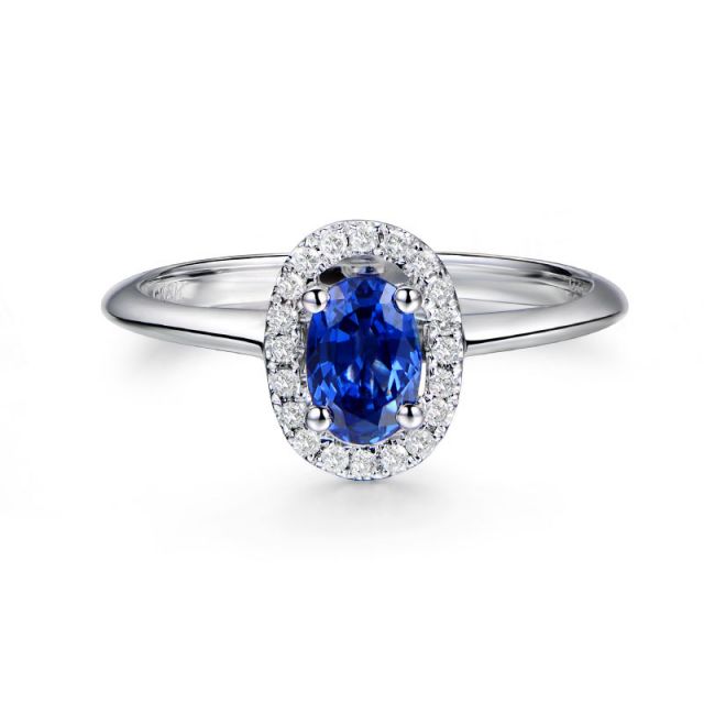 Anello di Fidanzamento Persée - Oro Bianco, Diamanti & Zaffiro Blu Ovale