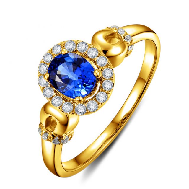 Anello di Fidanzamento Profondo - Oro Giallo, Diamanti & Zaffiro Blu Ovale