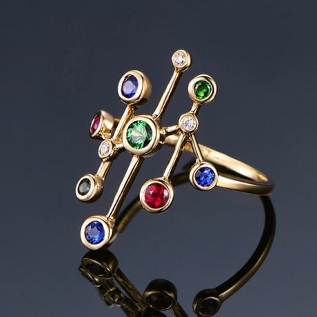 Anello Gocce d'amore. Oro giallo, pietre preziose
