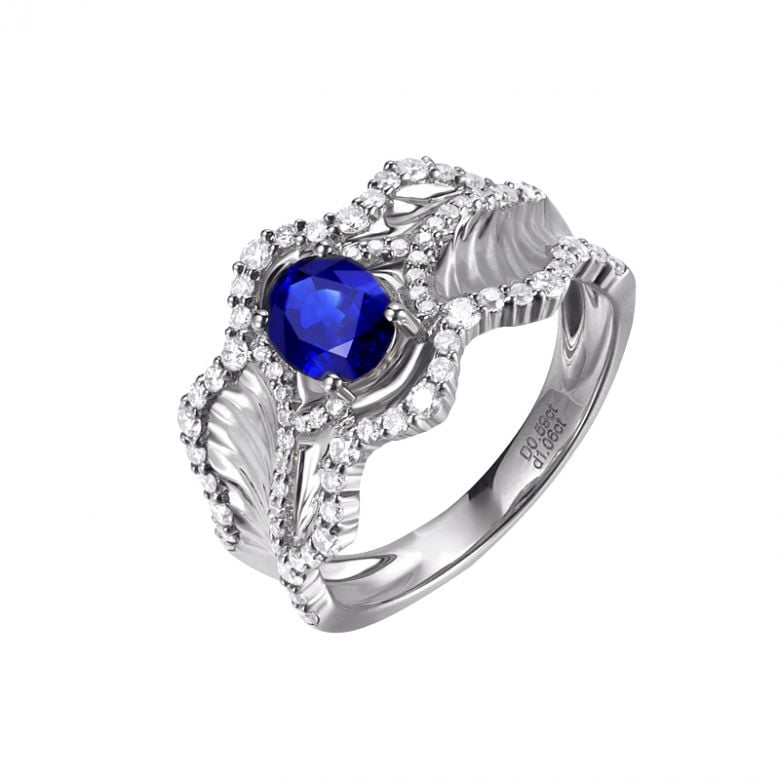 Anello Solitario Composto Floraison - Oro Bianco, Diamanti & Zaffiro - 1