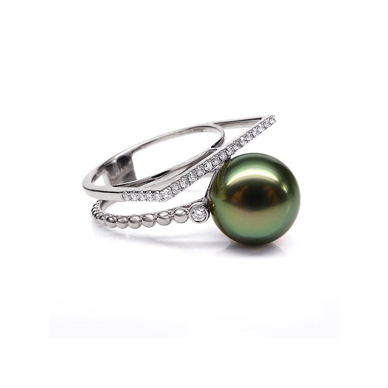 Anello perla di Tahiti, Oro bianco, diamanti - Saperlipopette - 9