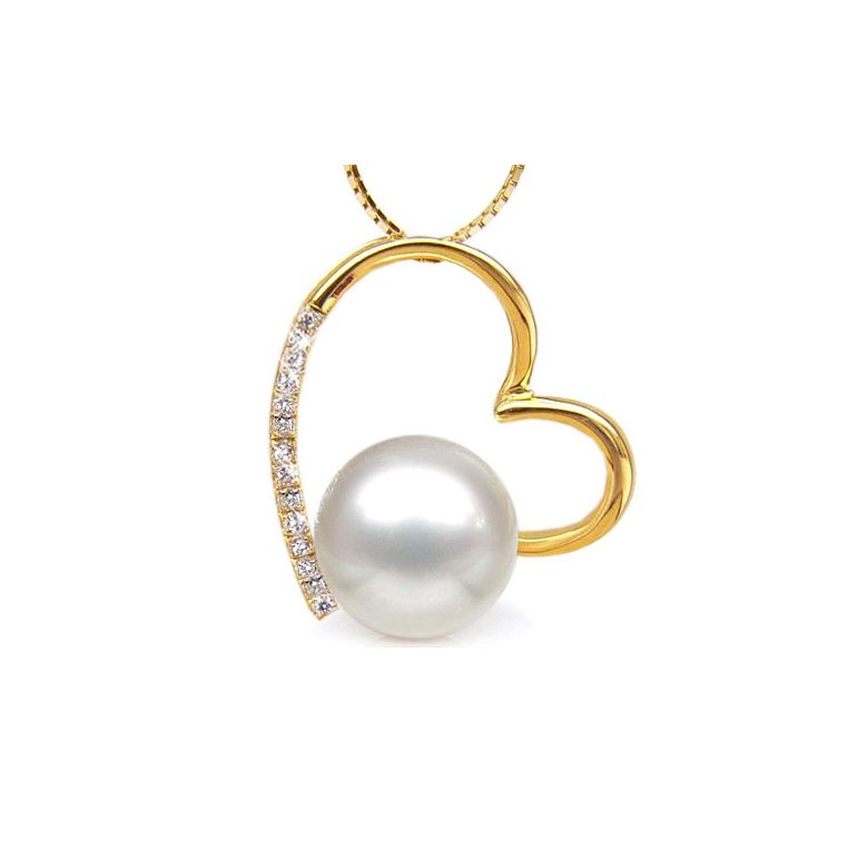 Ciondolo cuore oro giallo, diamanti - Perla d’Australia bianca - 9/10mm - 1