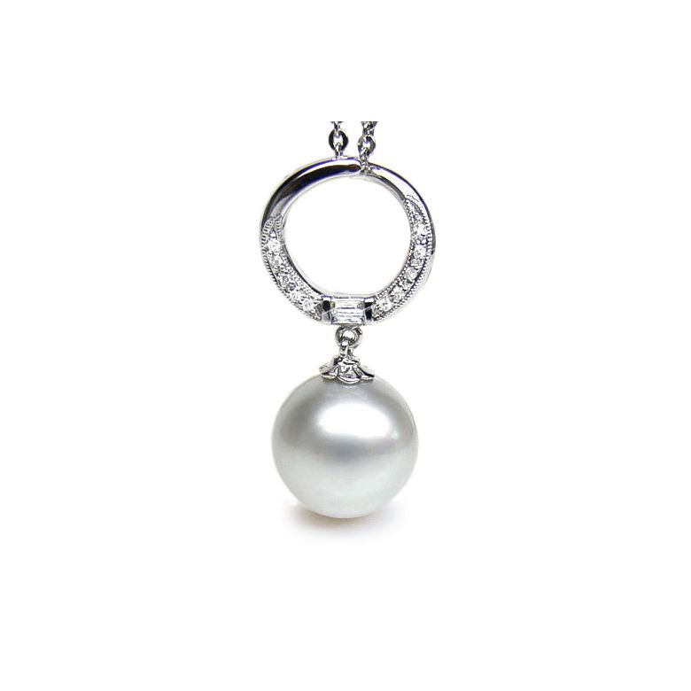 Ciondolo anello oro bianco, diamanti - Perla d’Australia bianca - 13/14mm - 1