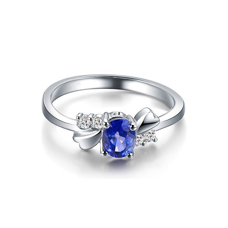 Anello di Fidanzamento Luxe - Oro Bianco, Diamanti & Zaffiro Blu Ovale - 4