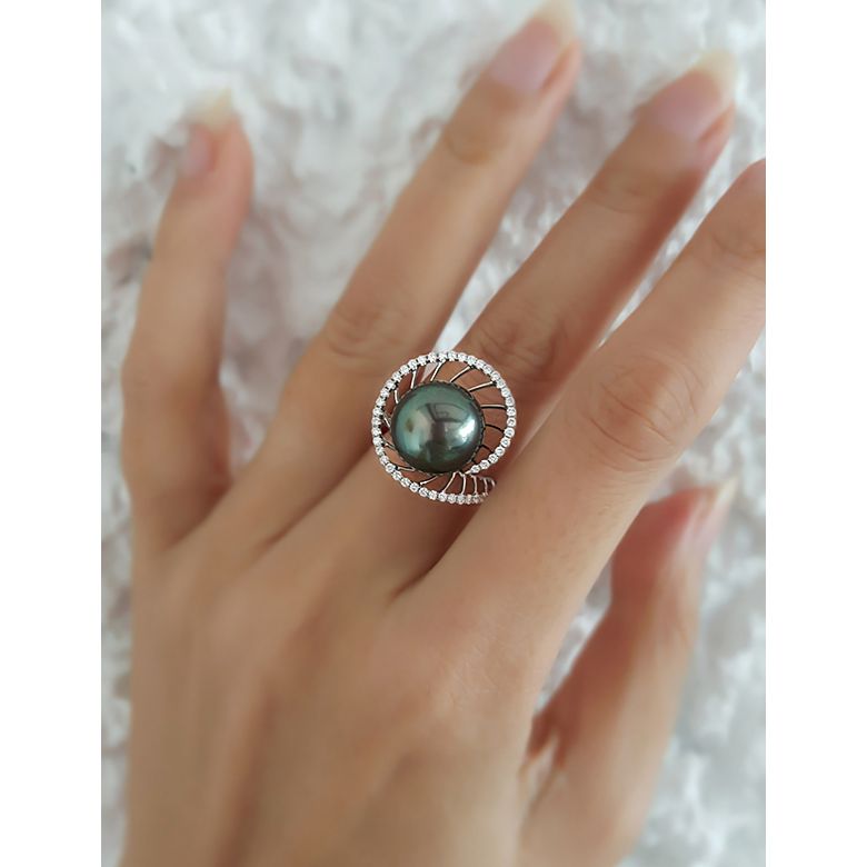Anello Elliptique - Oro Bianco, Diamanti e Perla di Tahiti - 2