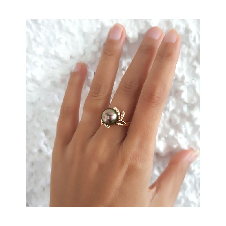 Anello Fiore - Oro Giallo, Diamanti e Perla di Tahiti - 6