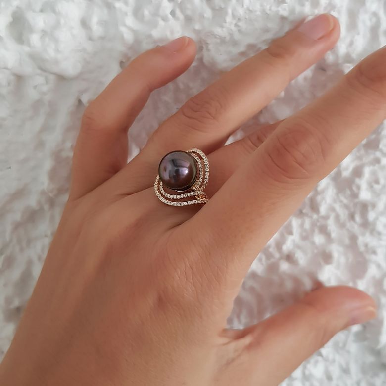 Anello Arc de la Sonde - Oro Giallo, Diamanti e Perla di Tahiti - 6