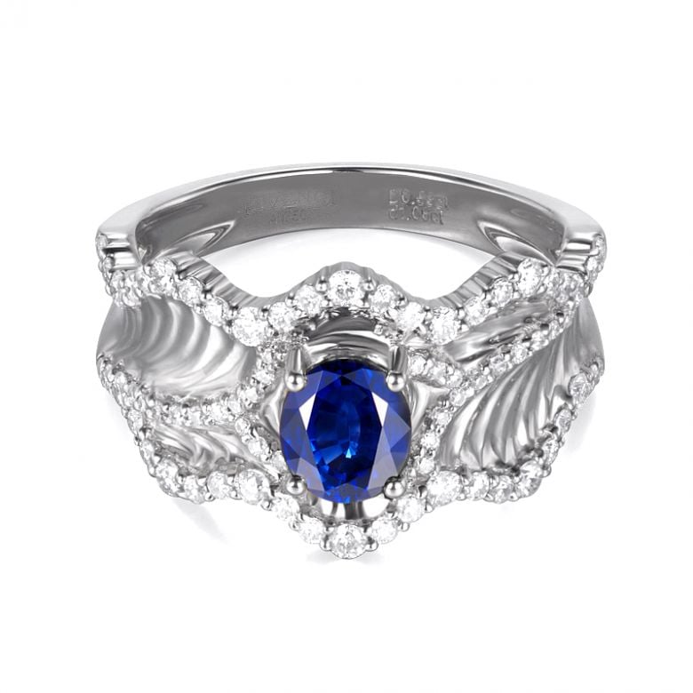 Anello Solitario Composto Floraison - Oro Bianco, Diamanti & Zaffiro - 5
