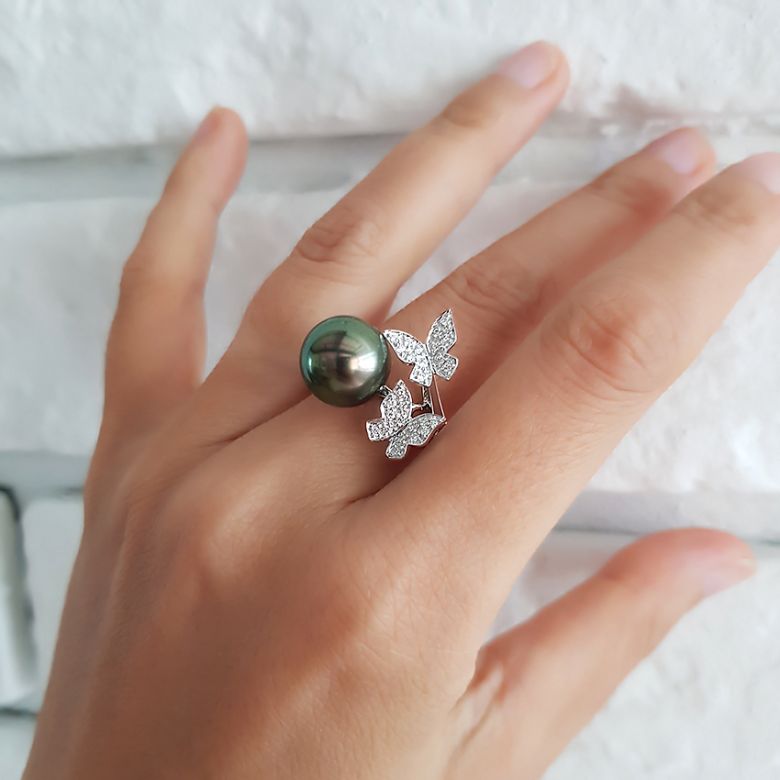 Anello Farfalla Maiao - Oro Bianco, Diamanti e Perla di Tahiti - 8