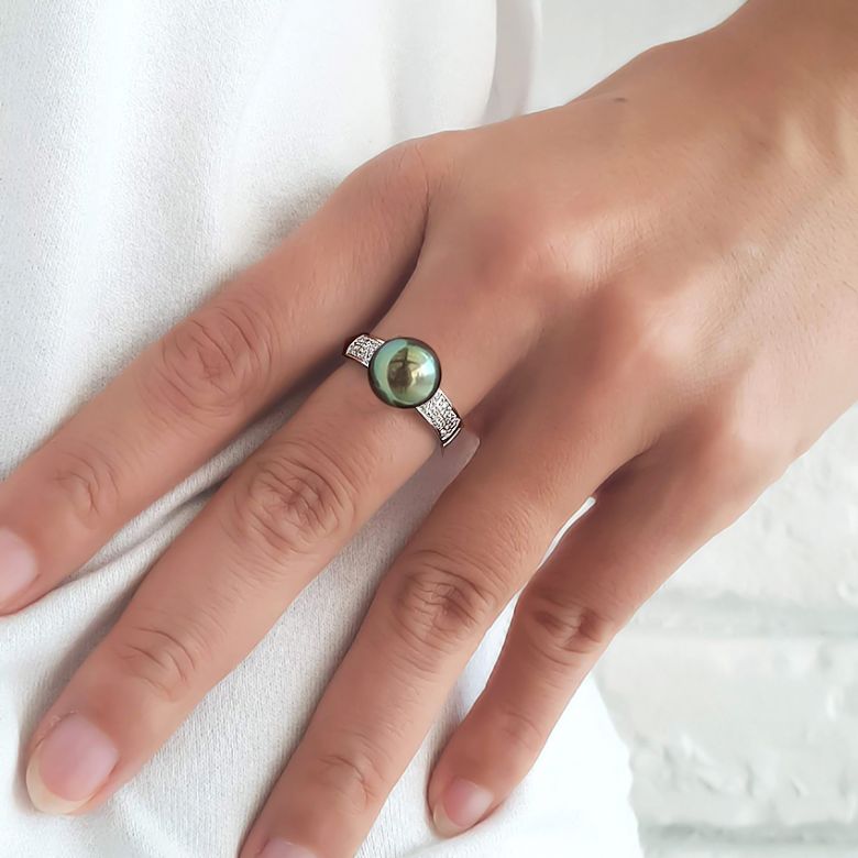 Anello Classico - Oro Bianco, Diamanti e Perla di Tahiti - 6