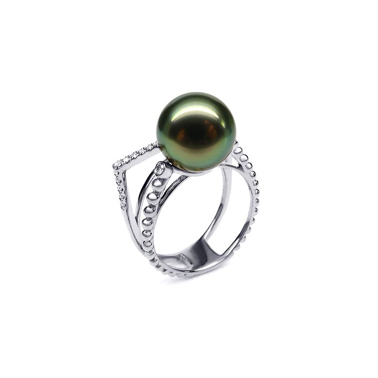 Anello perla di Tahiti, Oro bianco, diamanti - Saperlipopette - 1