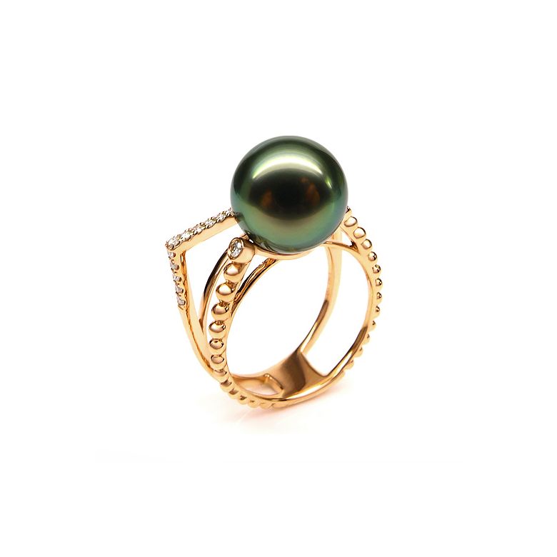Anello perla di Tahiti, Oro giallo, diamanti - Saperlipopette - 1