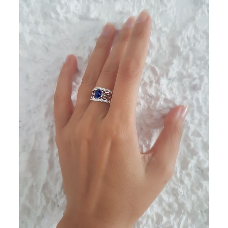 Solitario Composto Hiruni - Oro Bianco, Diamanti & Zaffiro Ovale - 6
