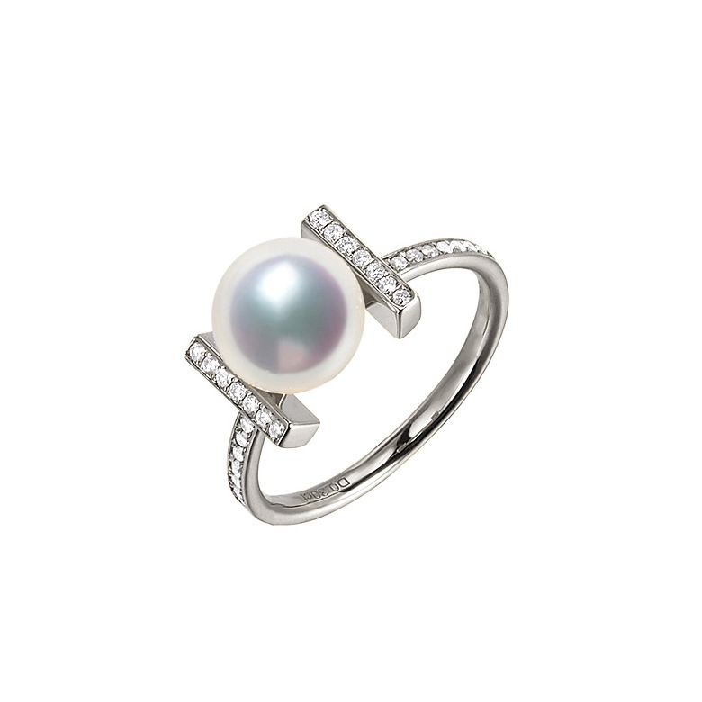 Anello Otohiko - Oro Bianco, Diamanti e Perla Akoya - 1