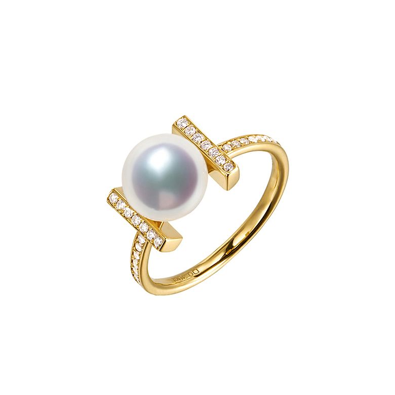 Anello Otohiko - Oro Giallo, Diamanti e Perla Akoya - 1