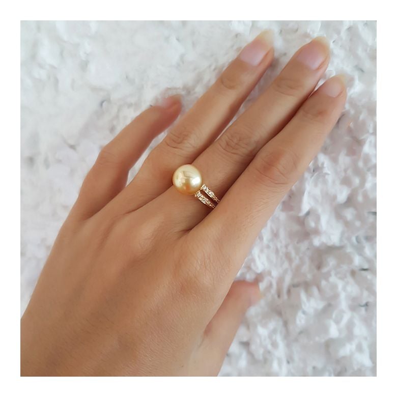 Anello oro giallo, diamanti - Perla d'Australia dorata, gold - 10/11mm - 7