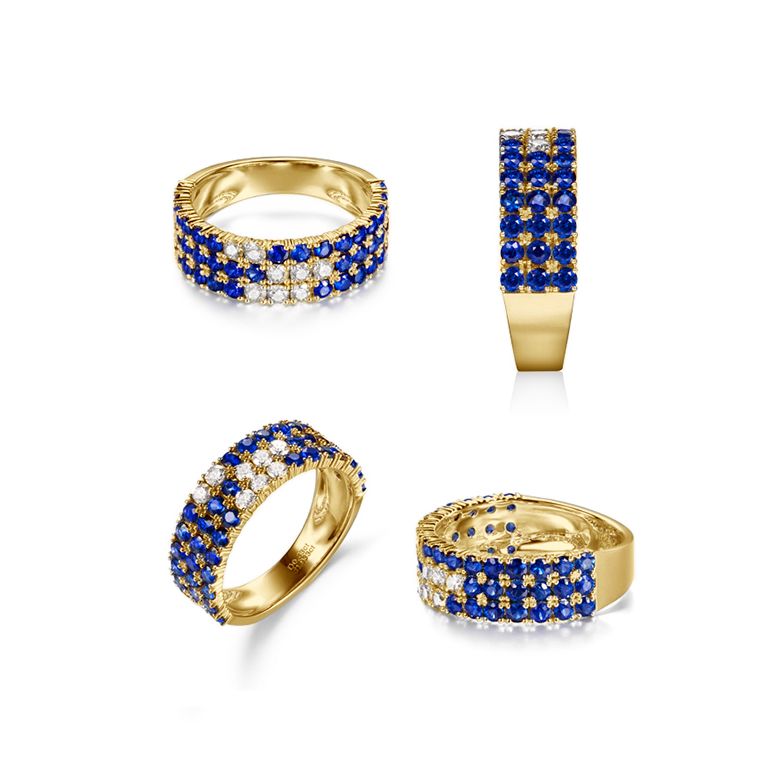 Anello Veretta Blue Lagoon - Oro Giallo, Mezzo Giro di Zaffiri & Diamanti - 3