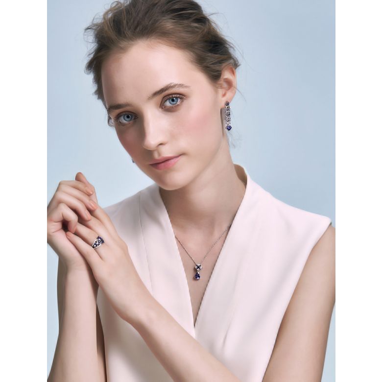 Orecchino zaffiro bleu, diamante - Oro bianco - 5