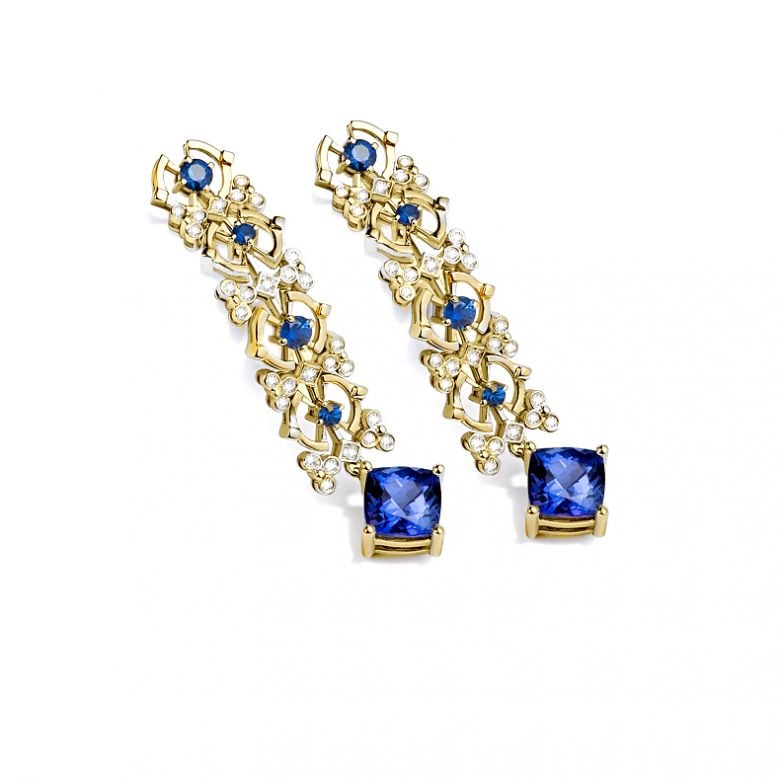 Orecchino Zaffiro blu, diamante - Oro giallo - 6