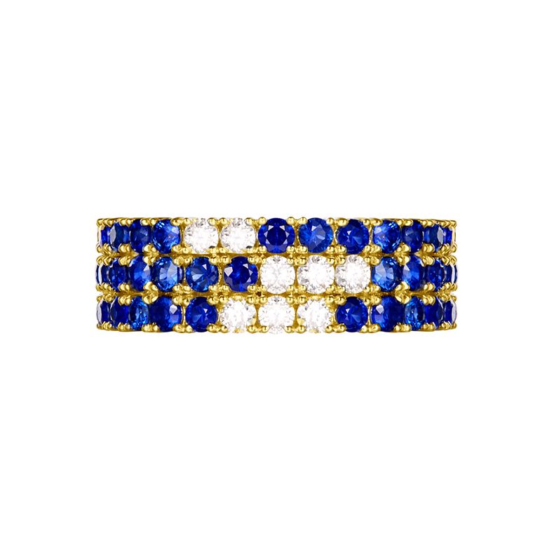 Anello Veretta Blue Lagoon - Oro Giallo, Mezzo Giro di Zaffiri & Diamanti - 7