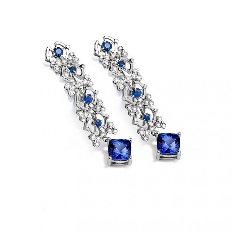 Orecchino zaffiro bleu, diamante - Oro bianco - 4