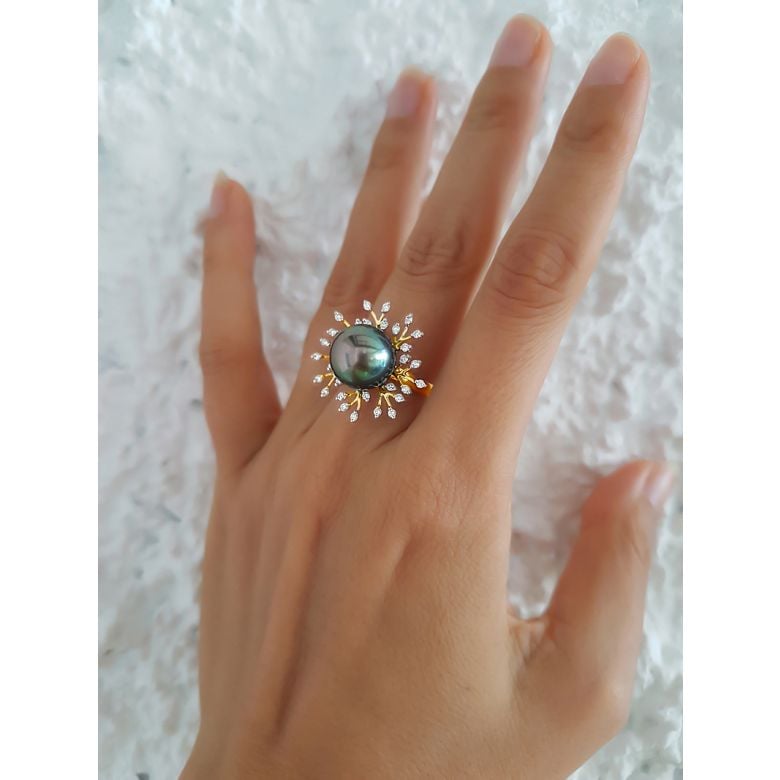 Anello Coraliens - Oro Giallo, Diamanti e Perla di Tahiti - 3