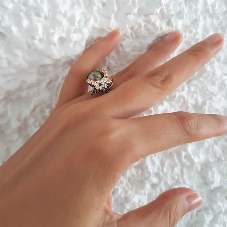 Anello Fatu Hiva - Oro Giallo, Diamanti e Perla di Tahiti - 7