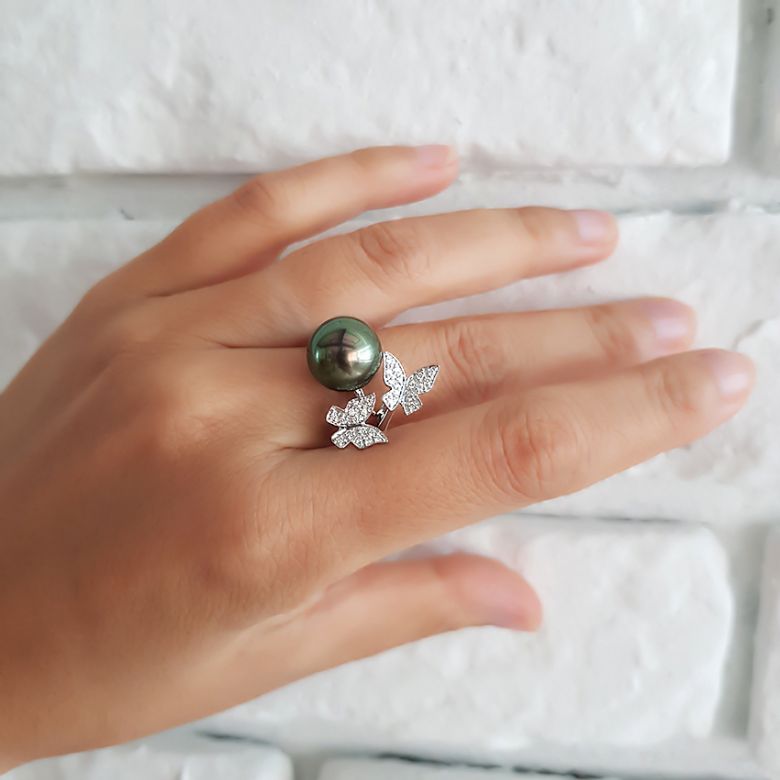 Anello Farfalla Maiao - Oro Bianco, Diamanti e Perla di Tahiti - 9
