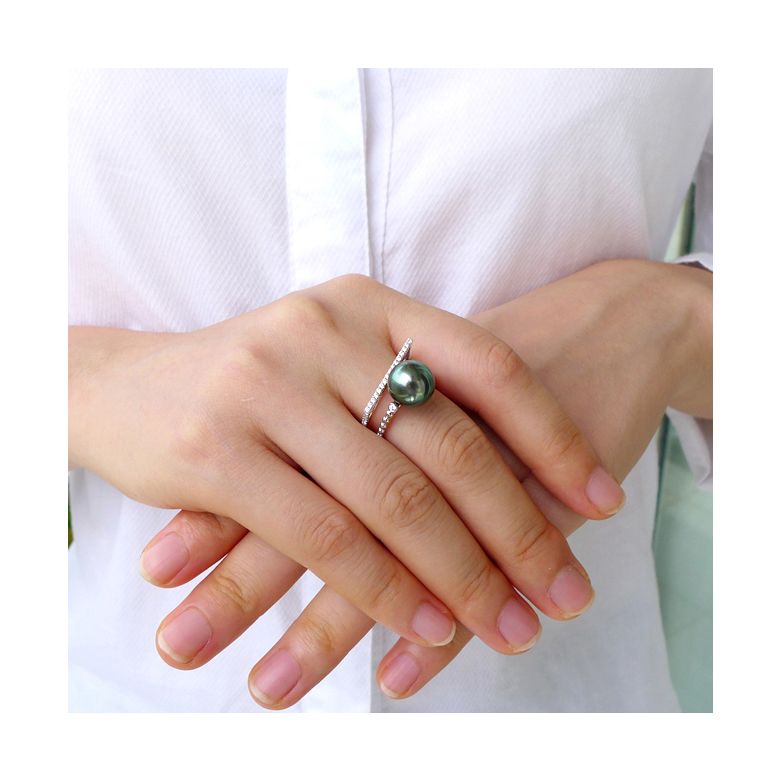 Anello perla di Tahiti, Oro bianco, diamanti - Saperlipopette - 2