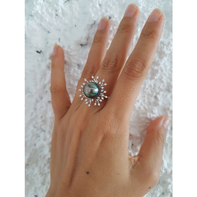 Anello Coraliens - Oro Bianco, Diamanti e Perla di Tahiti - 5