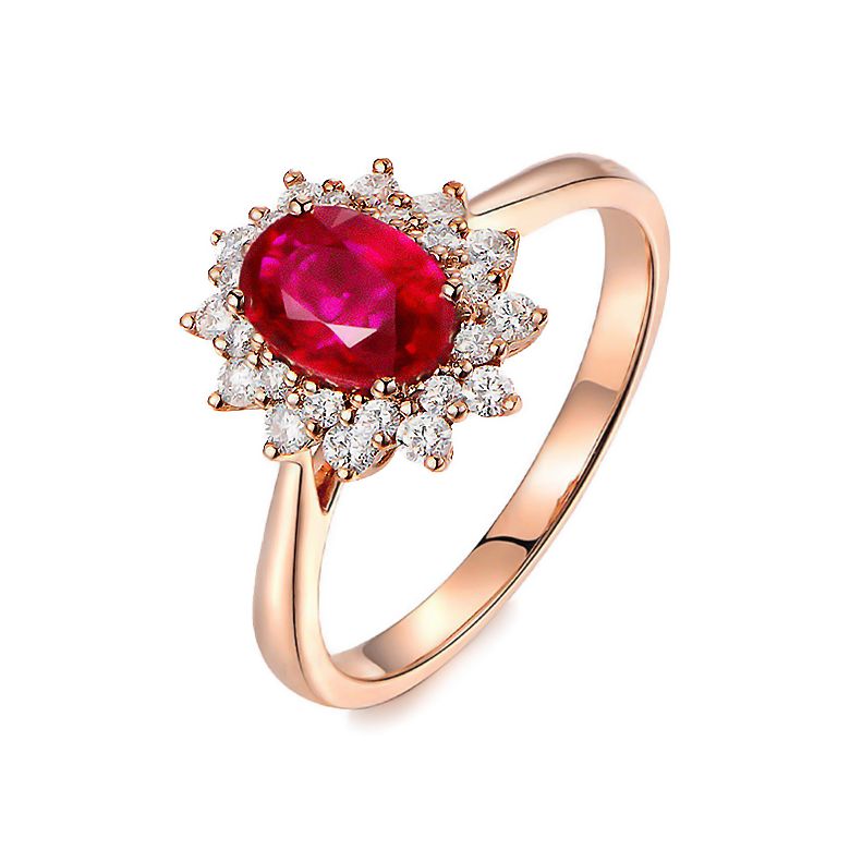 Anello Di Fidanzamento Flora - Oro Rosa, Diamanti & Rubino Ovale - 1