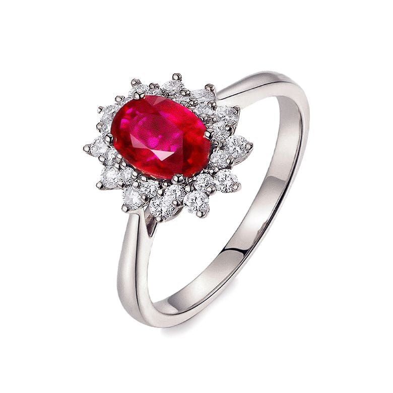 Anello Di Fidanzamento Flora - Oro Bianco, Diamanti & Rubino Ovale - 1