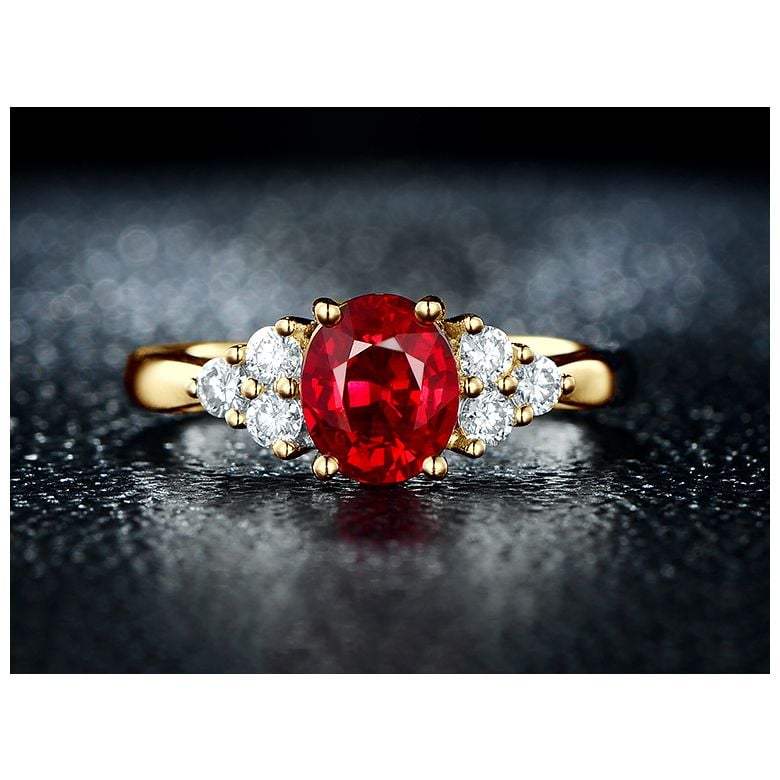 Anello da Donna Douce France - Oro Giallo, Diamanti & Rubino Ovale - 3