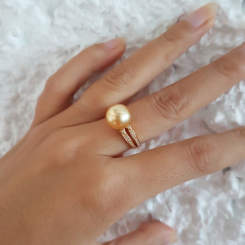 Anello oro giallo, diamanti - Perla d'Australia dorata, gold - 10/11mm - 2