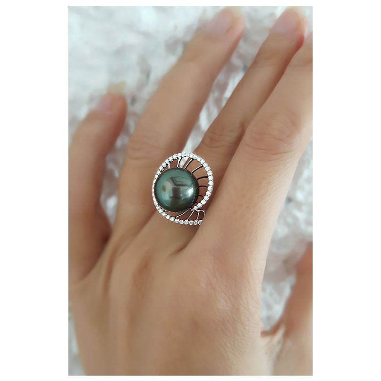 Anello Elliptique - Oro Bianco, Diamanti e Perla di Tahiti - 6