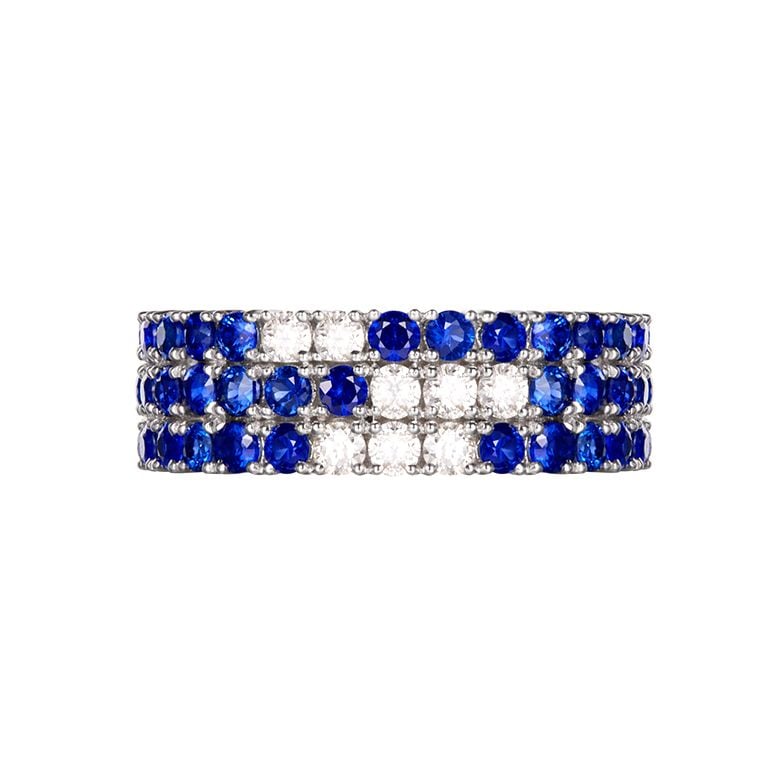 Anello Veretta Blue Lagoon - Oro Bianco, Mezzo Giro di Zaffiri & Diamanti - 9