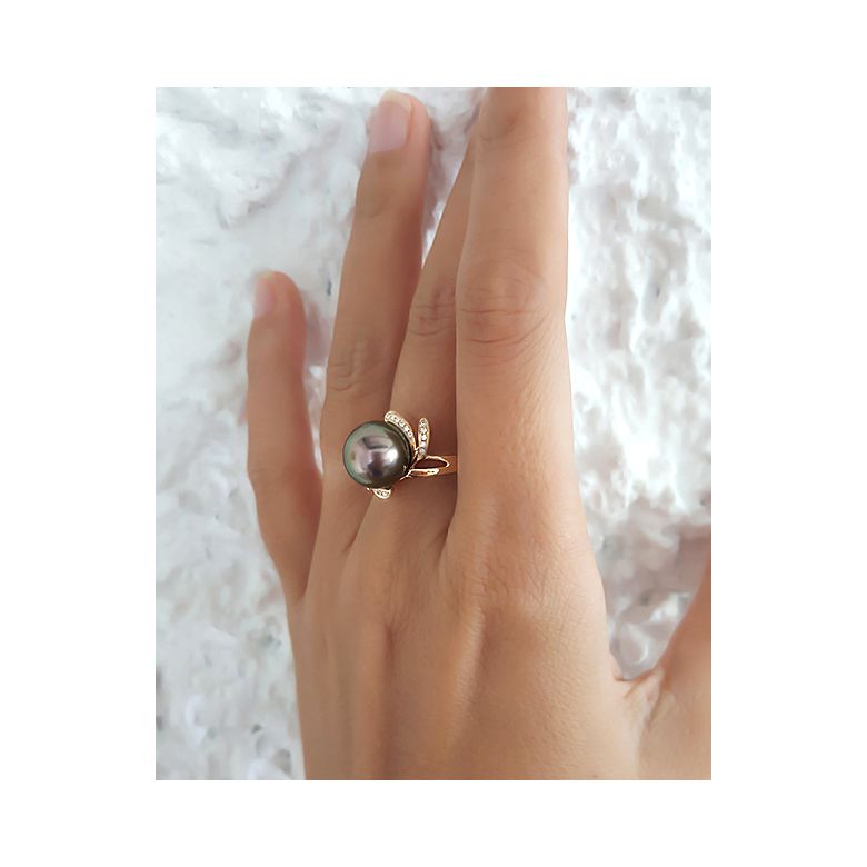 Anello Fiore - Oro Giallo, Diamanti e Perla di Tahiti - 2