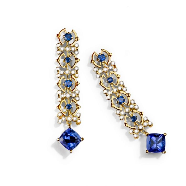Orecchino Zaffiro blu, diamante - Oro giallo - 4